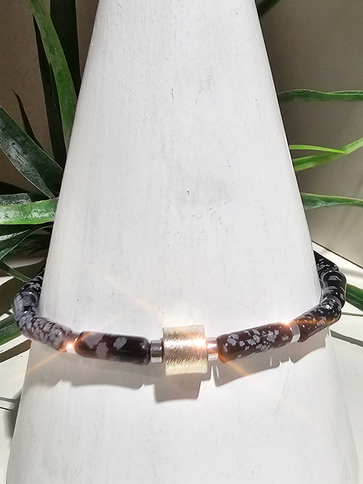 Armreif - Schneeflockenobsidian - Schwarz Weiß - Sterlingsilber - Edelstahl