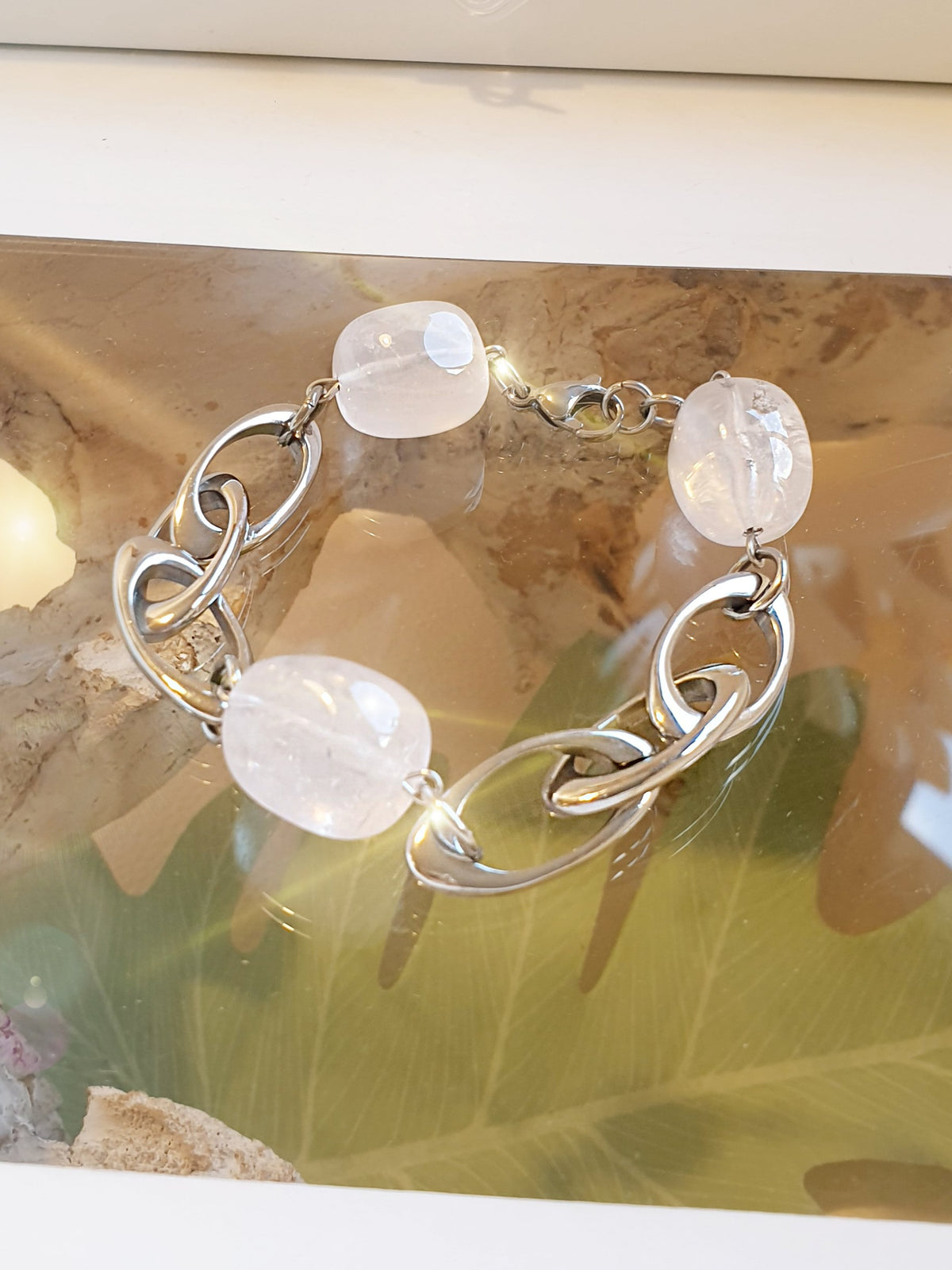 Gliederarmband aus Edelstahl mit Rosenquarz