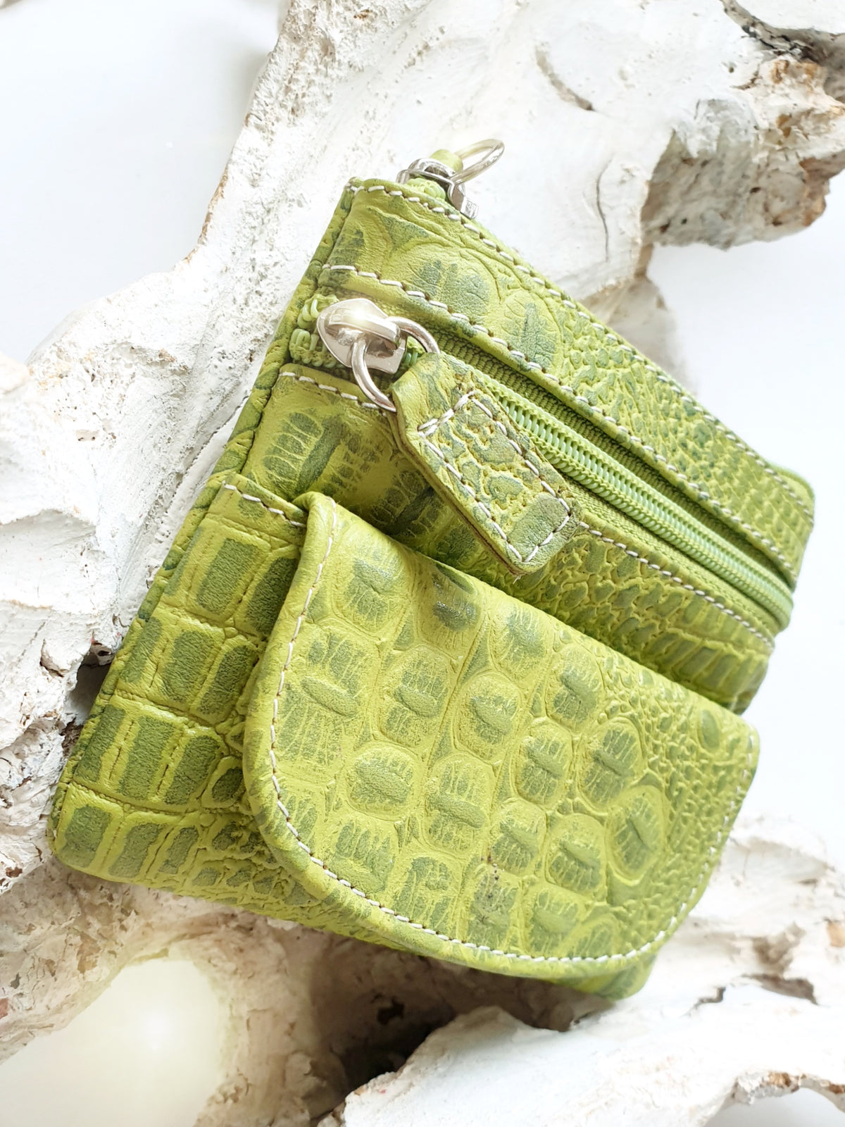 Schlüsselmäppchen BAG in Bag Schlüsselanhänger Leder grün mit krokomuster